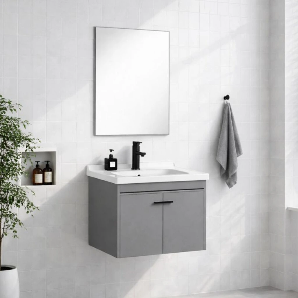 MUEBLE DE BAÑO 60 CM CON MESADA DE LOZA Y ESPEJO - GRIS