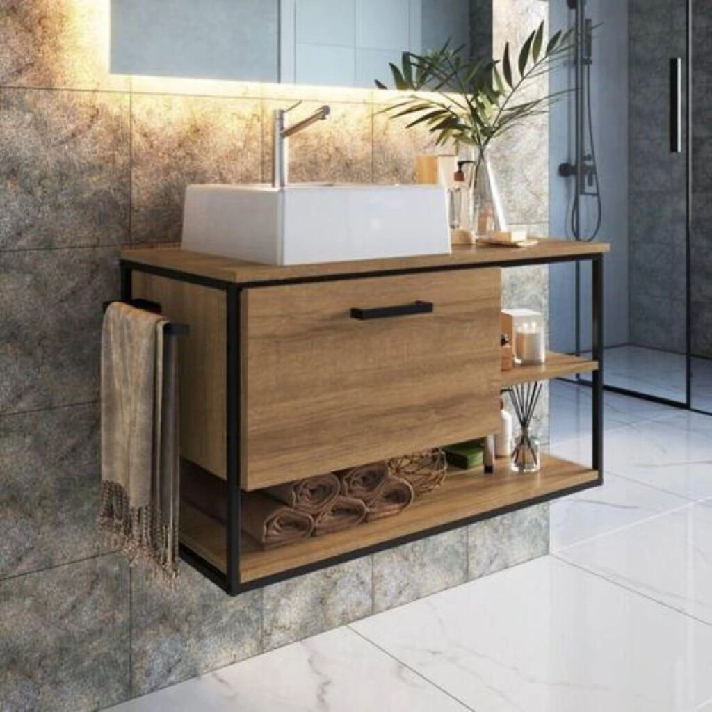 MUEBLE DE BAÑO SUSPENDIDO 80 CM S/BACHA - MIEL/NEGRO