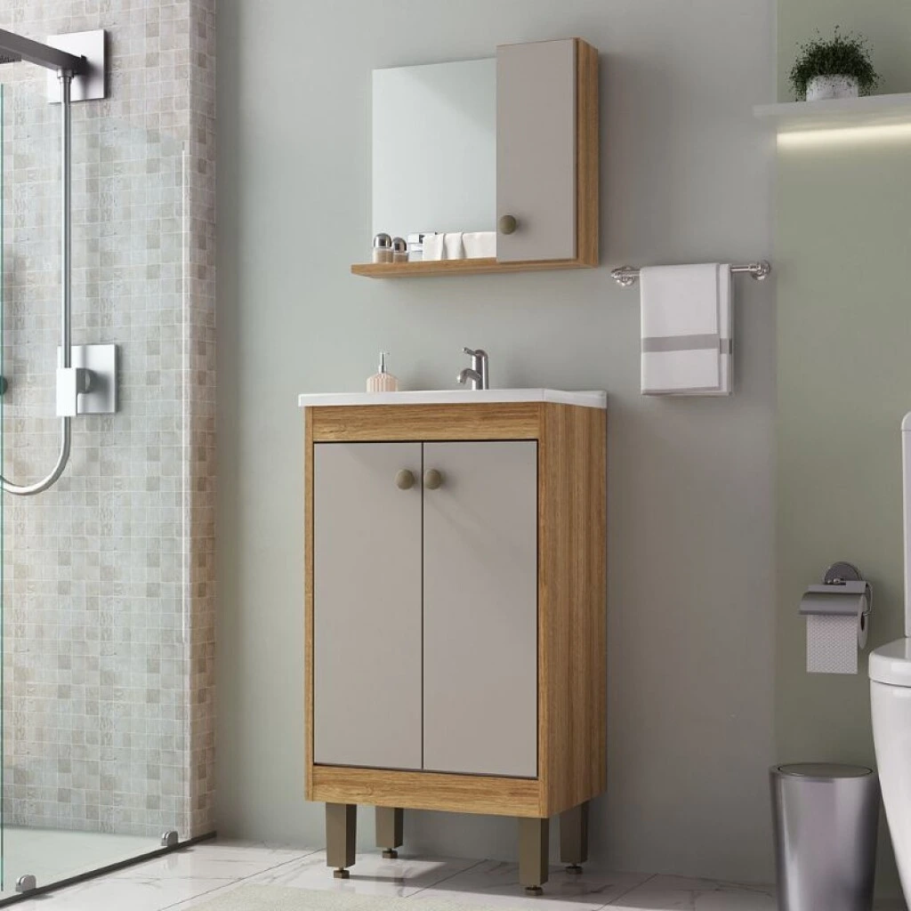 MUEBLE DE BAÑO 45 CM CON MESADA Y ESPEJO - MIEL/FUME