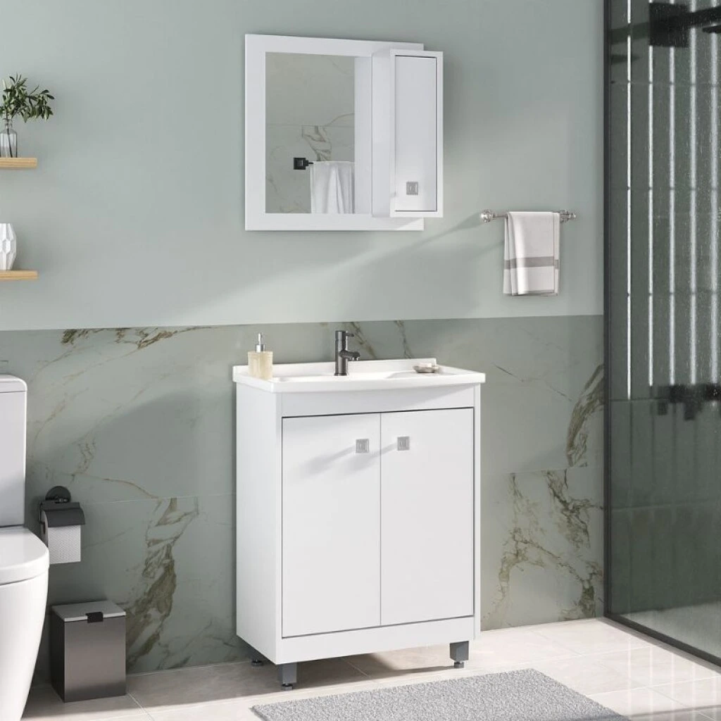 MUEBLE DE BAÑO 60 CM CON MESADA Y ESPEJO - BLANCO