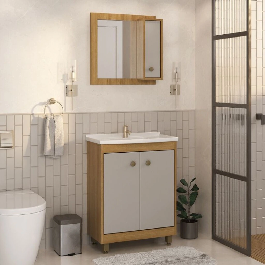 MUEBLE DE BAÑO 60 CM CON MESADA Y ESPEJO - MIEL/FUME
