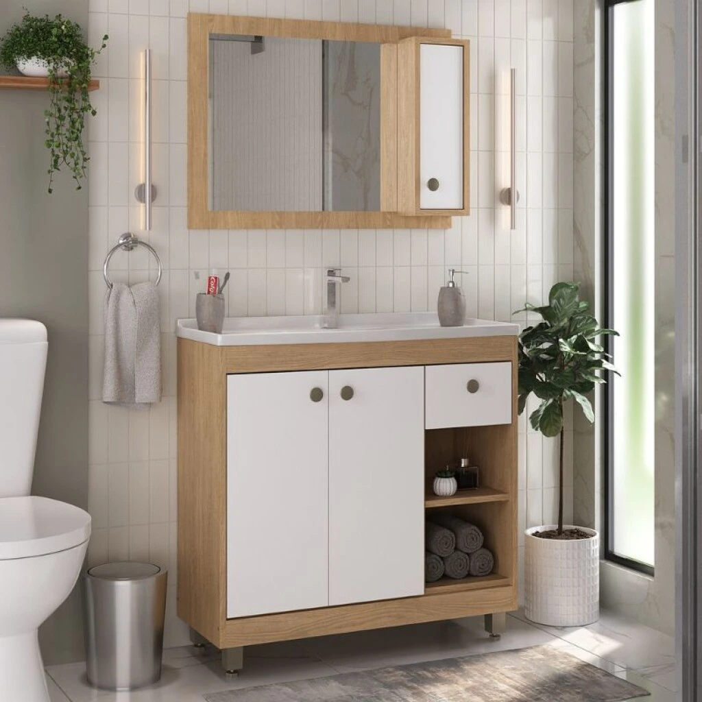 MUEBLE DE BAÑO 80 CM CON MESADA Y ESPEJO - BLANCO/NATURAL