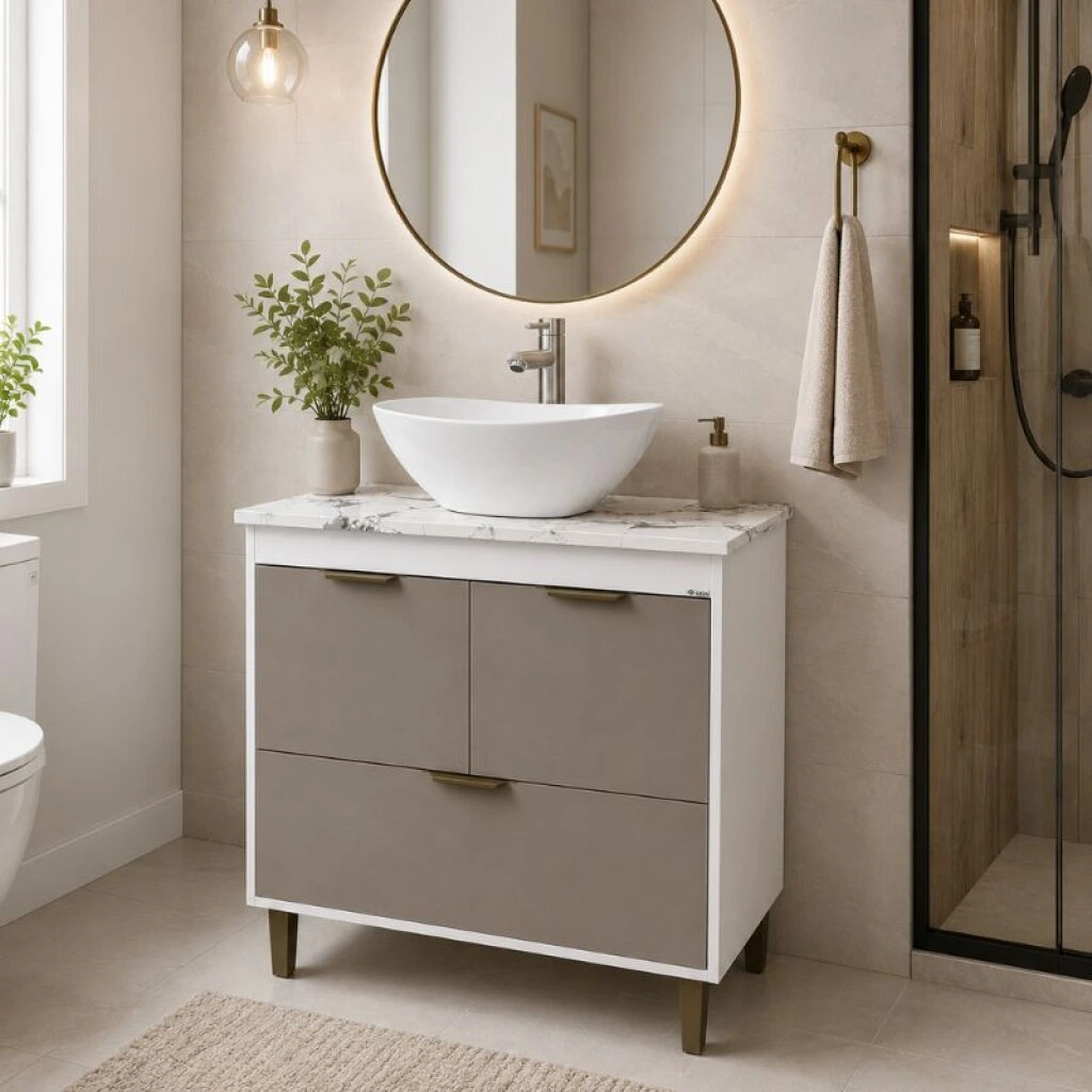 MUEBLE DE BAÑO 80 CM CON MESADA DE CUARZO SIN BACHA - BLANCO/FUME