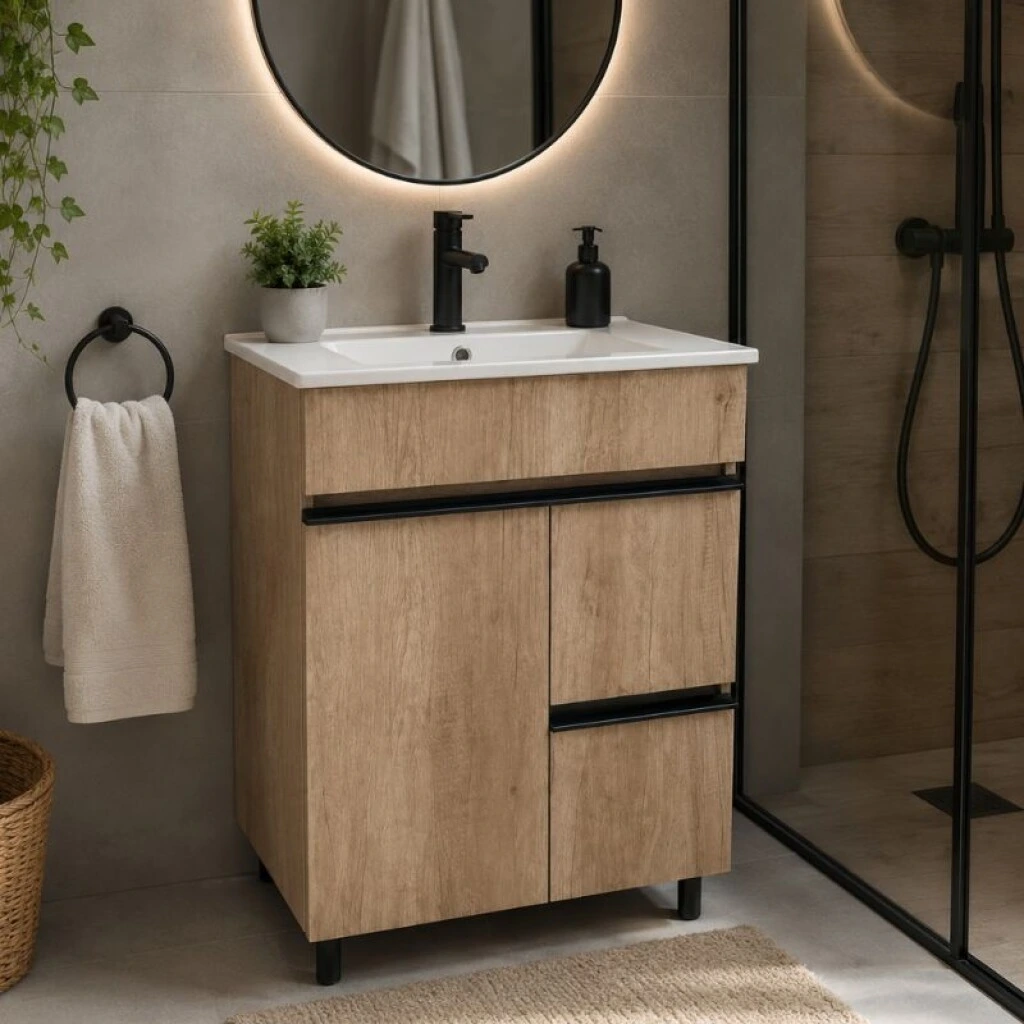 MUEBLE DE BAÑO 60 CM 1 PUERTA + 2 CAJONES - MESADA DE LOZA NEVADA - ROBLE/BLACK