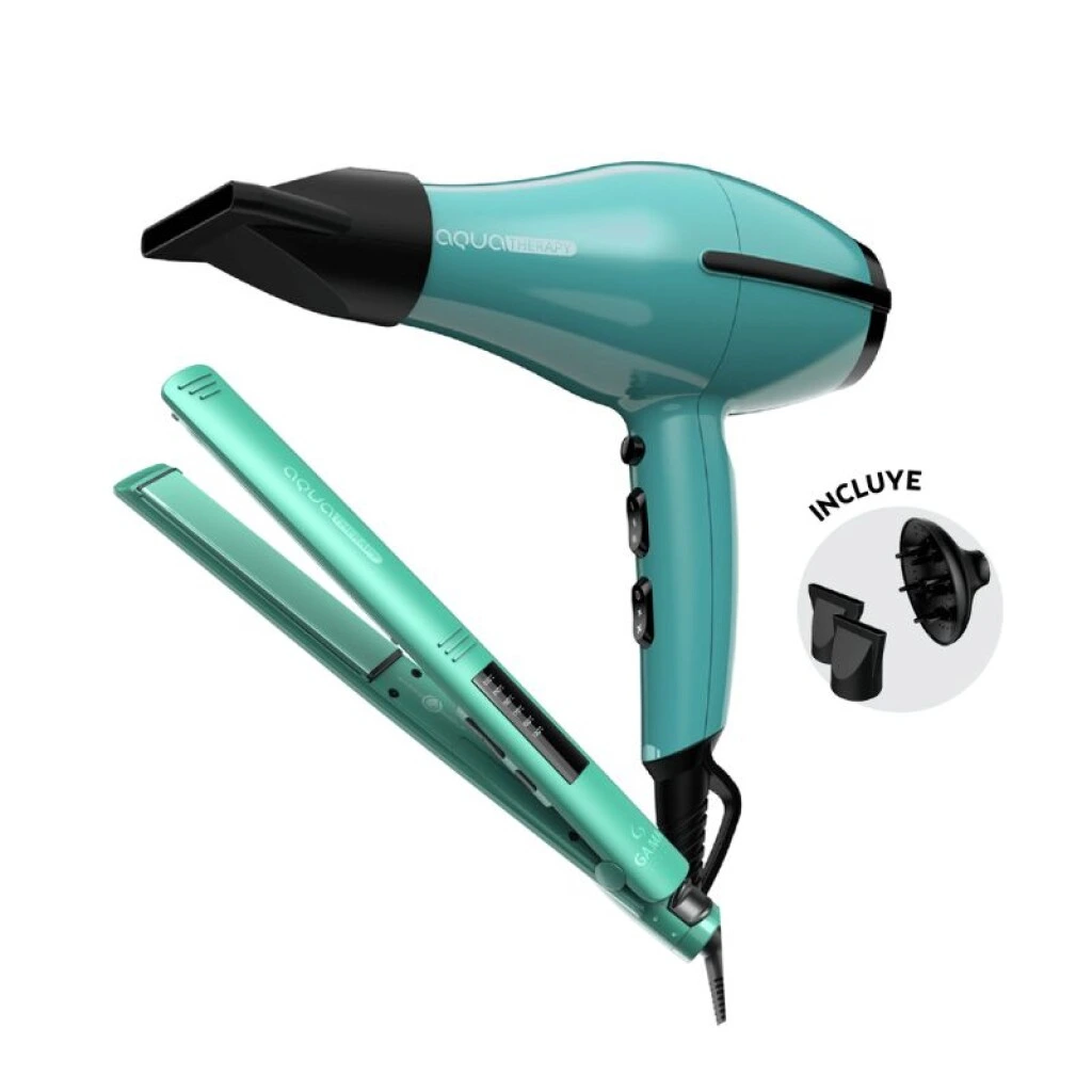 COMBO GA.MA PLANCHITA ELEGANCE LED AQUA + SECADOR TEMPO AQUA