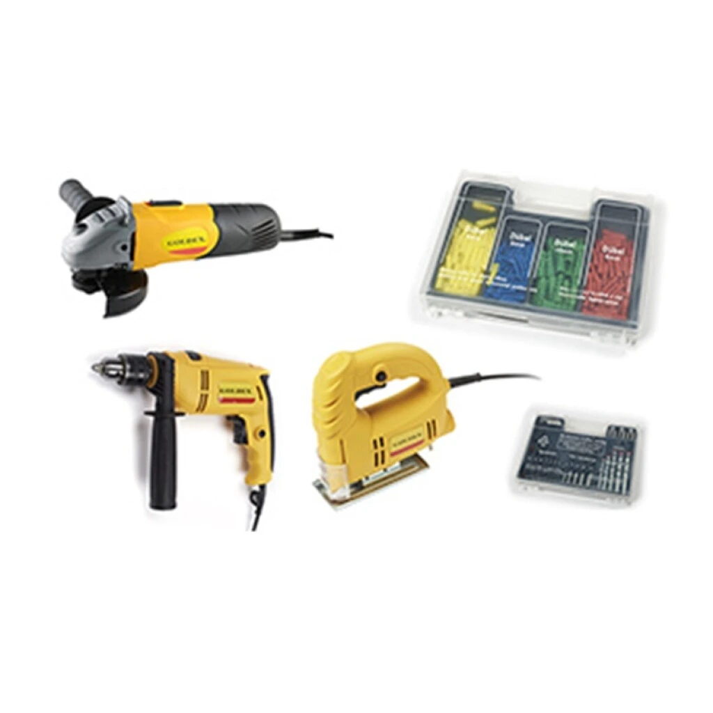 KIT AMOLADORA 4 1/2" + TALADRO 1/2" + CALADORA GOLDEX