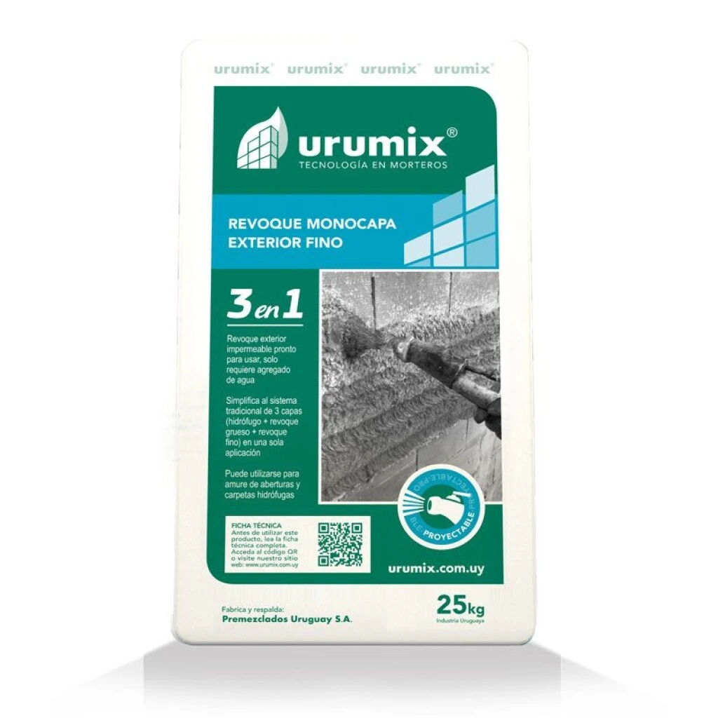 REVOQUE FINO PARA EXTERIOR 3 EN 1 25 KG - URUMIX
