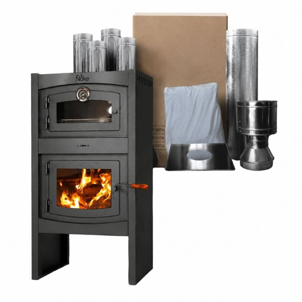 CALEFACTOR CON HORNO CORAL 60 ÑUKE + KIT DE CAÑOS TECHO 1 PLANTA