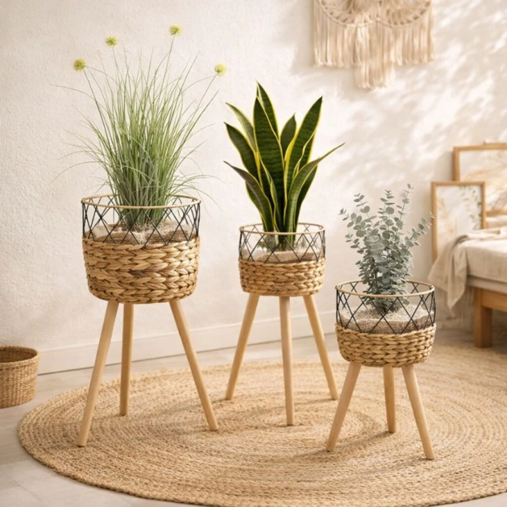 SET DE 3 PORTA MACETAS EN RATAN CON DETALLES EN HIERRO