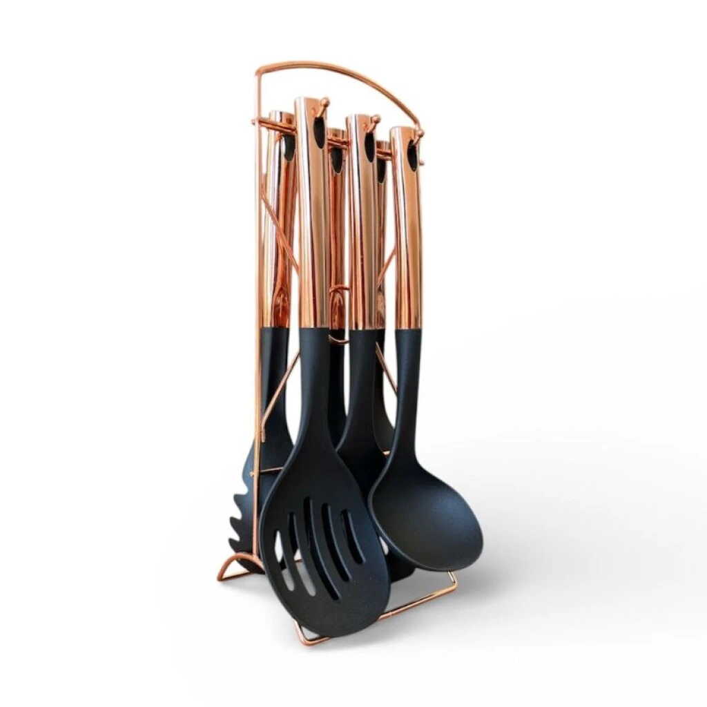 SET UTENSILIOS DE COCINA ROSA GOLD/NEGRO - 6 PIEZAS