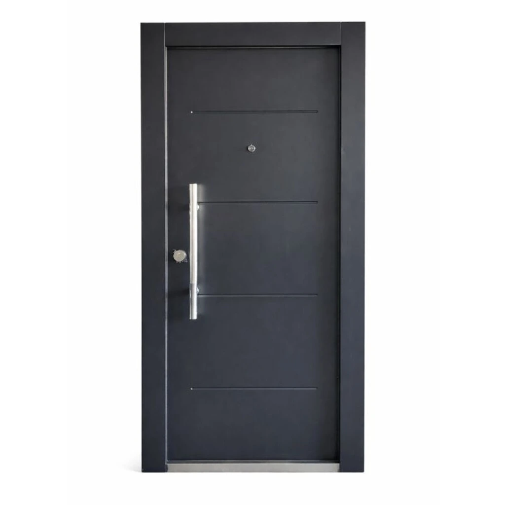 PUERTA SEMI BLINDADA 2.05 X 90 NEGRA 35 K CON BARRAL - DERECHA