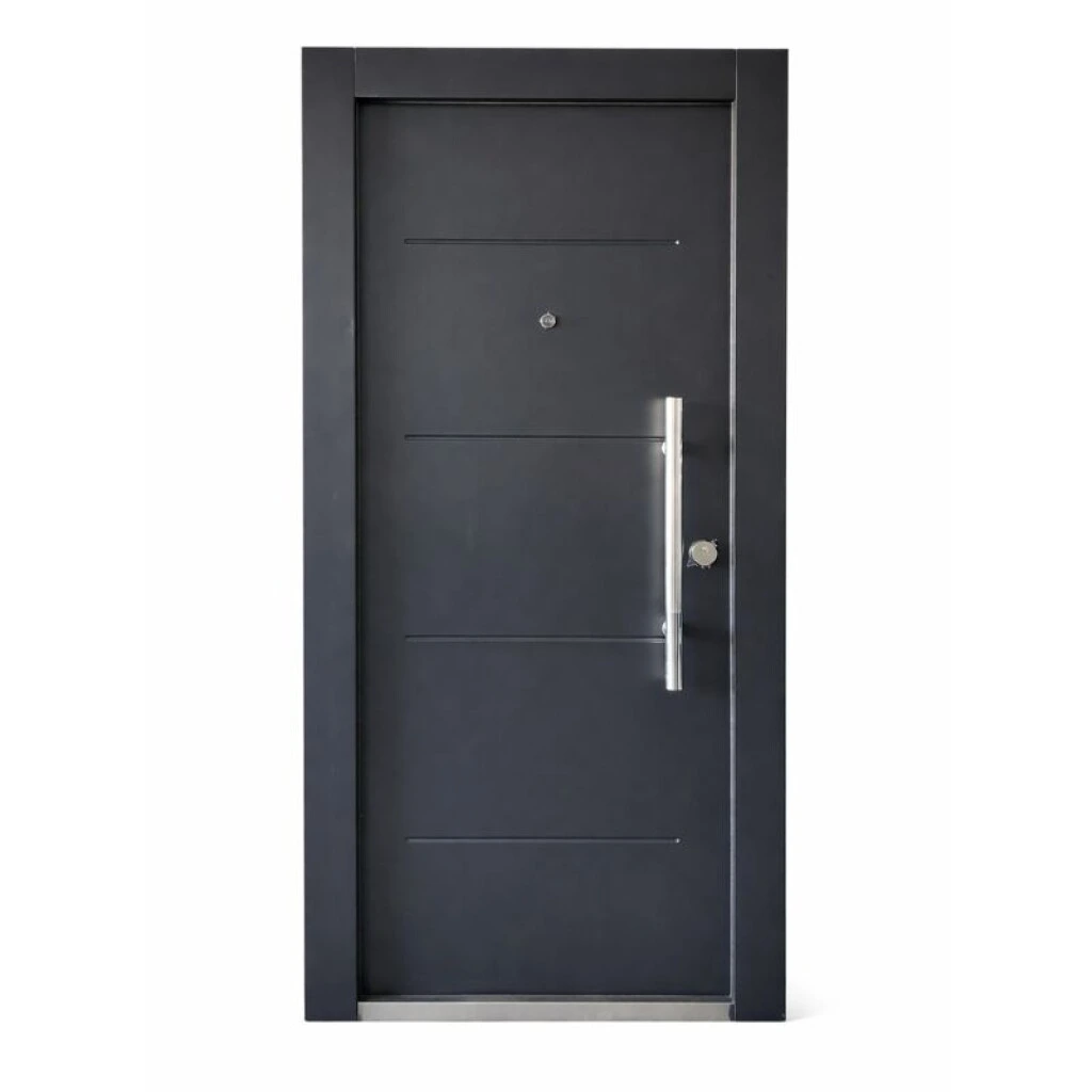 PUERTA SEMI BLINDADA 2.05 X 90 NEGRA 35 K CON BARRAL - IZQUIERDA