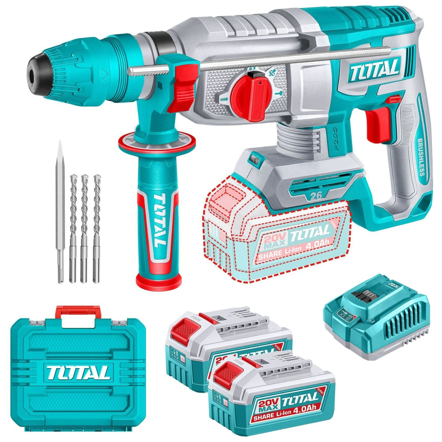 Rotomartillo Total SDS Plus – 20v, 2.5J, 2 Baterías 4.0Ah + Cargador + Maletín