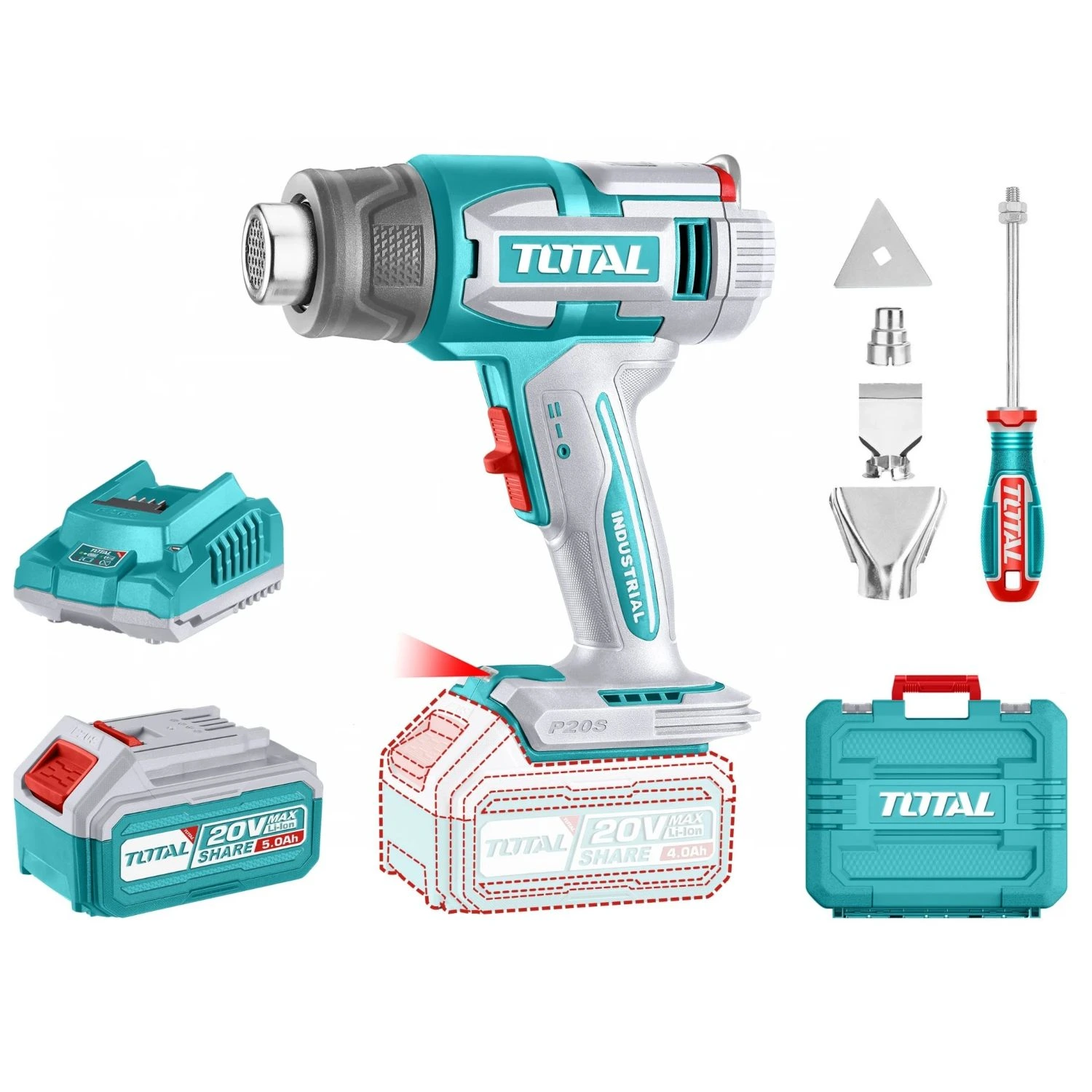 Pistola De Calor Inalámbrica Total 20v – 550ºC, 1 Batería 5.0Ah + Cargador + Maletín