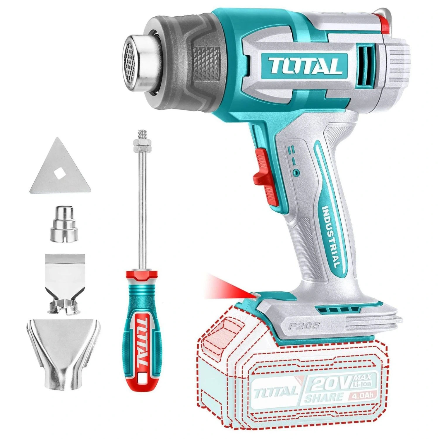 Pistola De Calor Inalámbrica Total 20v – 550ºC, Con Pantalla LCD