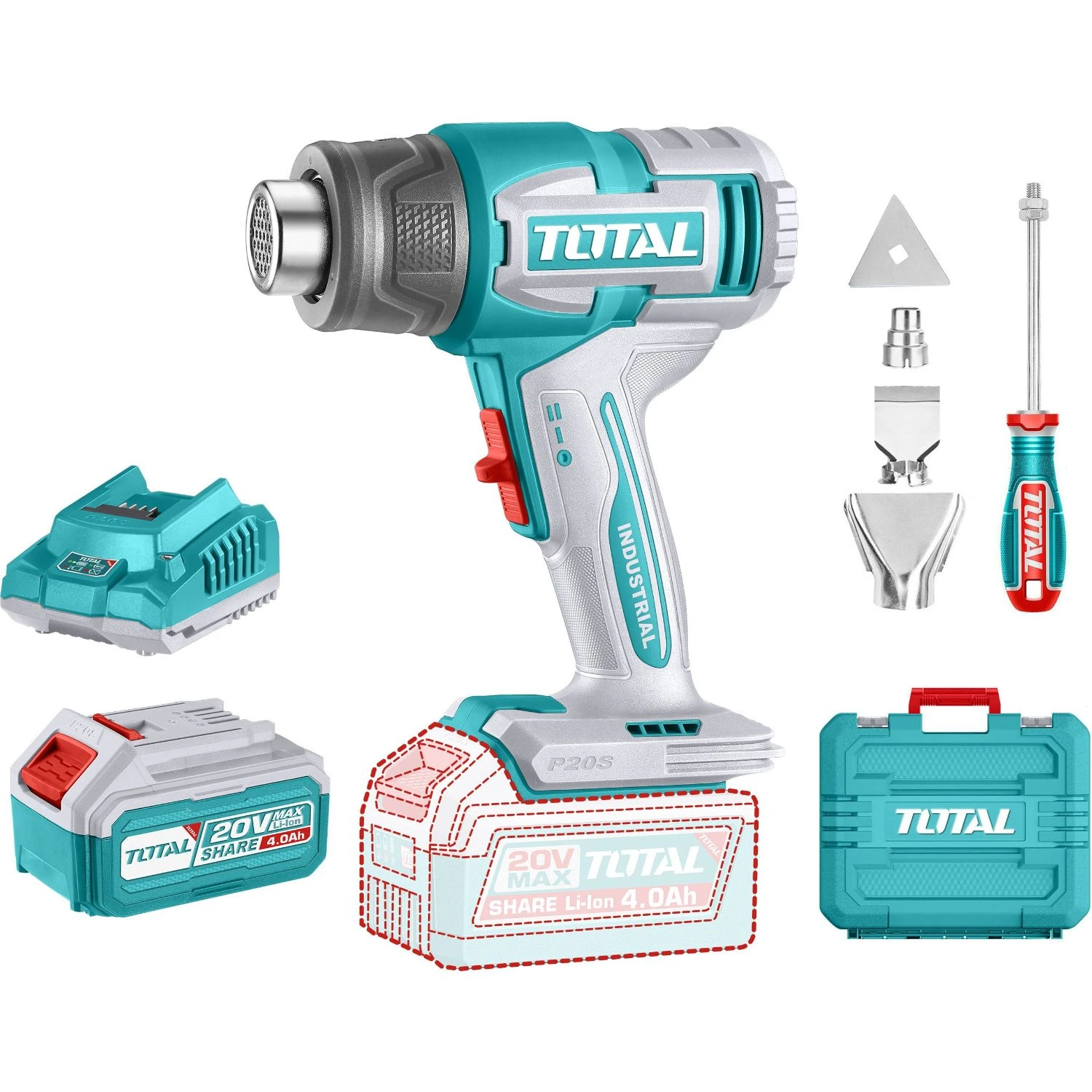Pistola De Calor Inalámbrica Total 20v – 550ºC, 1 Batería 4.0Ah + Cargador + Maletín