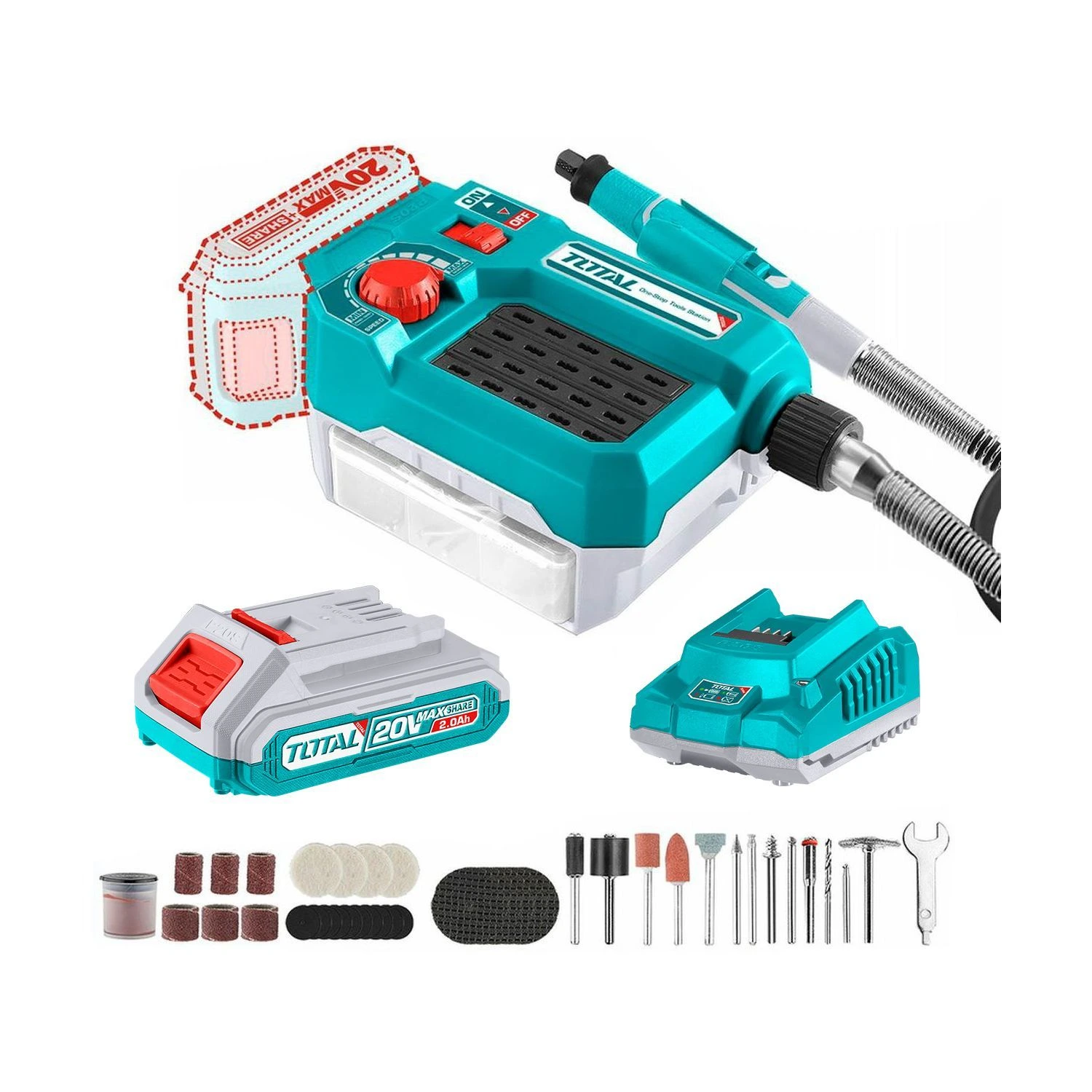 Mini Torno Total 20v – Con 40 Accesorios, 1 Batería 2.0Ah + Cargador