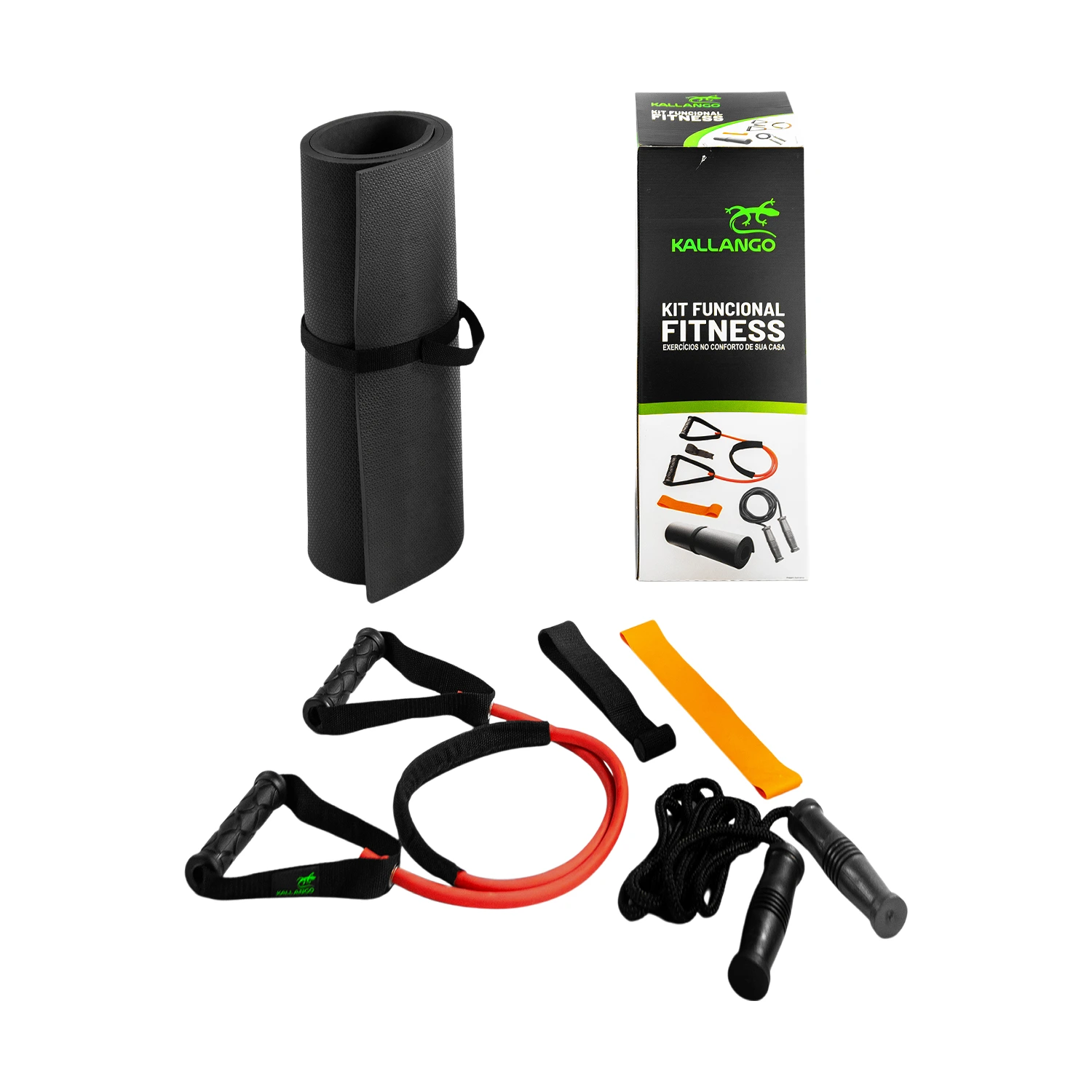 Kit Fitness Entrenamiento KALLANGO – Banda con mangos – Mini banda – Cuerda de saltar – Colchoneta EVA