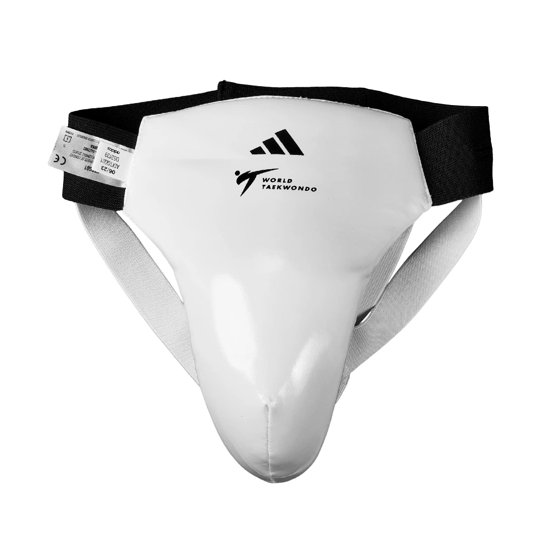 Protector de Ingle Taekwondo Adidas WT Blanco Coquilla Anatomica Resistente al Impacto Approved World Taekwondo