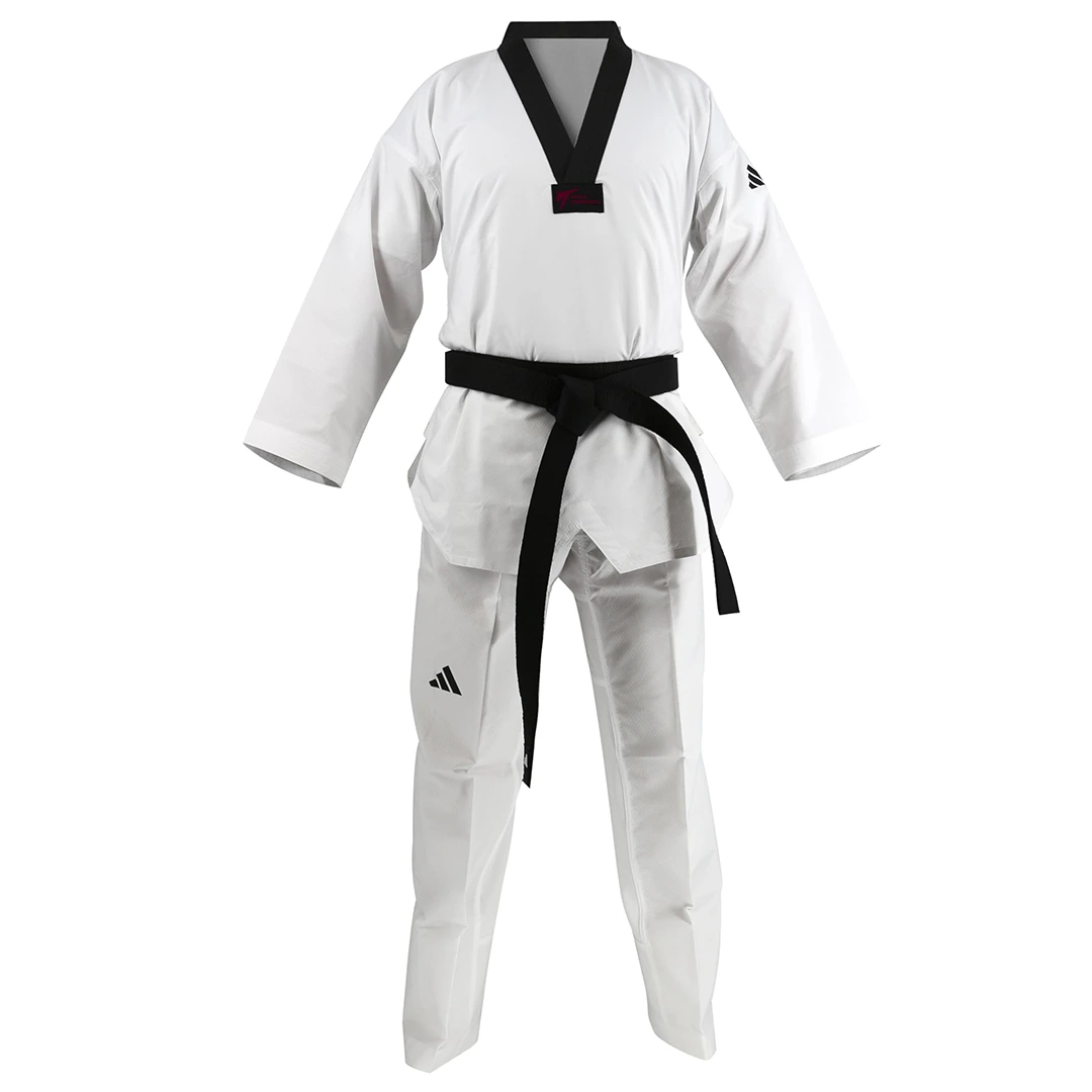 Uniforme Taekwondo Adidas Champion II WT 100% Poliester Premium Aprobado para Competicion Cuello Negro Blanco Talla 180