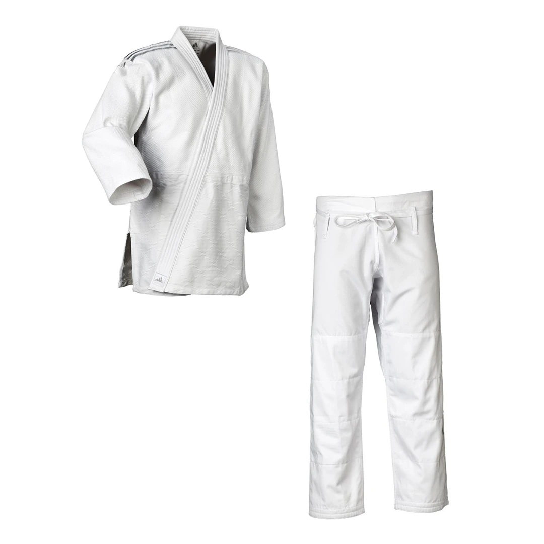 Uniforme Judo Adidas Contest J650P Blanco/Plateado Premium para Competicion Nacional y Entrenamiento Profesional